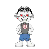 a cartoon character with a u on his shirt