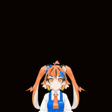 a girl with orange hair and yellow eyes is wearing a blue apron and tie that says ' nintendo ' on it