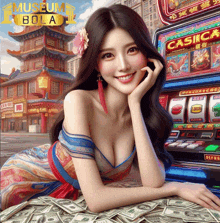 a woman laying on a pile of money in front of a slot machine that says casino