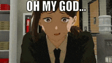 a woman in a suit and tie is sitting in front of a water cooler and says oh my god ...