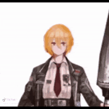 a girl in a suit and tie is holding a large knife .