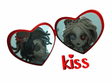 a couple of hearts with the word kiss in red