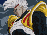 a close up of a cartoon character with white hair and yellow and red armor