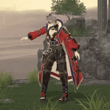 a man in a red coat and black pants is standing in a field