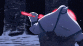 a cartoon character is holding a red object in his hand while standing next to a body of water .