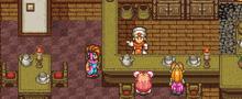 a video game scene with a girl sitting at a table talking to a man at a counter