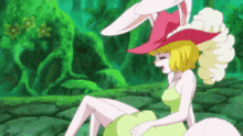 a cartoon drawing of a woman with a rabbit hat on
