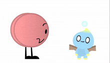 a cartoon character is smiling next to a blue character