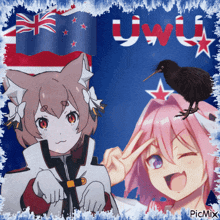 a picture of two anime girls with a kiwi on their head and the words uwu on the top