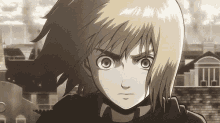 a close up of a person 's face in a black and white anime .