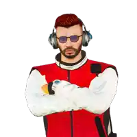 a man wearing headphones and sunglasses with his arms crossed