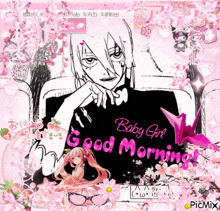 a picture of a girl with the words baby girl good morning written on it