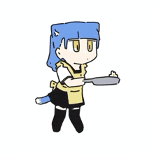 a cartoon of a girl with blue hair holding a pan of food
