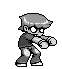 a black and white pixel art of a boy with glasses standing in a fighting pose .
