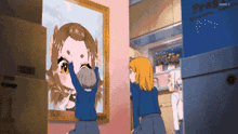 a pixel art drawing of two girls looking at a picture of a girl and a sign that says fragile