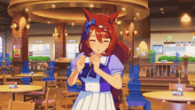 a girl with red hair and a blue bow is standing in a restaurant with tables and chairs
