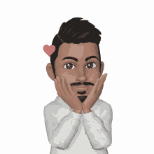 a cartoon man with a heart in his hair holds his hands to his face