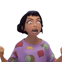 a person wearing a purple shirt with turtles and squares on it