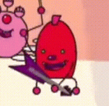 a cartoon drawing of a red egg holding a pair of scissors
