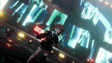 a girl stands on a stage with a microphone in front of a sign that says ' e ' on it