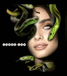 a picture of a woman with snakes around her face and the words cobra lux below her