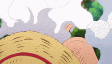 a cartoon drawing of a straw hat with a red stripe and smoke coming out of it