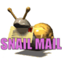 a snail is carrying a piece of paper with the words snail mail written on it .
