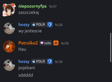 a screenshot of a chat with a cat named hossy and a girl named zaszczekaj