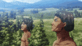 two naked men standing in a field with trees in the background