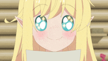 a girl with blonde hair and blue eyes is smiling and looking at the camera