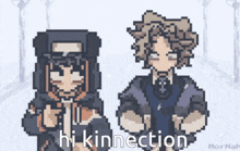 a pixel art of a man and a woman standing next to each other with the words hi kinnectomy in the corner