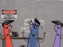 three cartoon characters are standing in front of a danger sign
