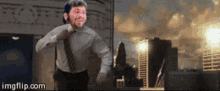 a man in a suit and tie is running in a city with imgflip.com at the bottom of the screen