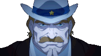 a man with a mustache wearing a white hat with a blue star on it