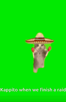 a cat wearing a sombrero and holding maracas on a green screen that says kappito when we finish a raid