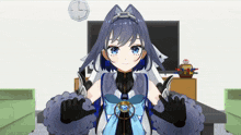 a girl with blue eyes is standing in front of a tv and a clock