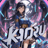 a girl in a blue kimono stands in front of a sign that says ' kyoru '