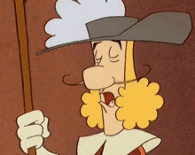 a cartoon of a man with a hat and mustache holding a stick