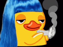 a cartoon duck with blue hair smoking a cigarette
