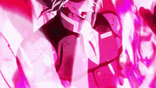 a close up of a person 's face in a pink and black anime .