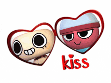 a couple of cartoon hearts with the word kiss on the bottom