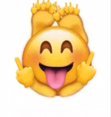 a smiley face with its tongue hanging out and feet on its head