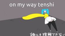 a cartoon drawing of a person with a yellow scarf around their neck and the words on my way tenchi