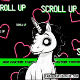 a black and white unicorn is sitting in front of hearts and the words scroll up