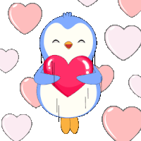 a blue and white penguin is holding a red heart