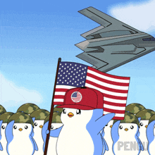 a cartoon of a penguin holding an american flag with the word penny in the corner