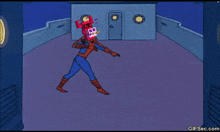 a gifsec.com image of a cartoon character with a red skull on his head