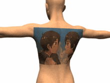 a man with a tattoo on his back of two anime characters looking at each other