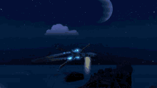 a fighter jet is flying through the night sky with green lasers