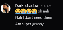 a picture of a woman with tears coming out of her eyes and the caption dark shadow 7:00 am